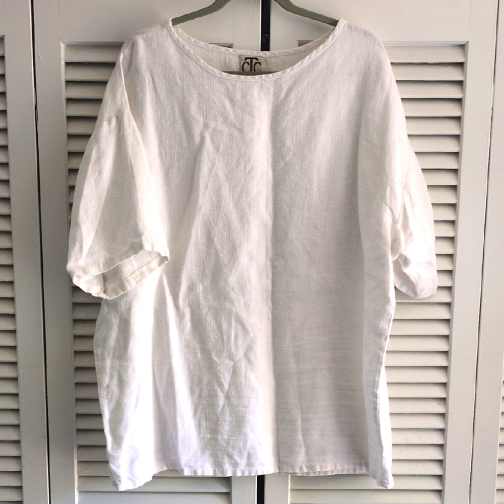 Vintage Boxy White Linen Top Oversized Beach Large Coastal